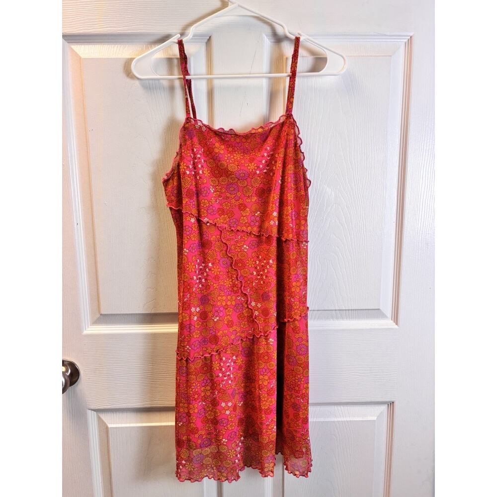 70s Inspired MOD Dress Women’s Size Large Pink Orange Floral Layered Mesh Mini